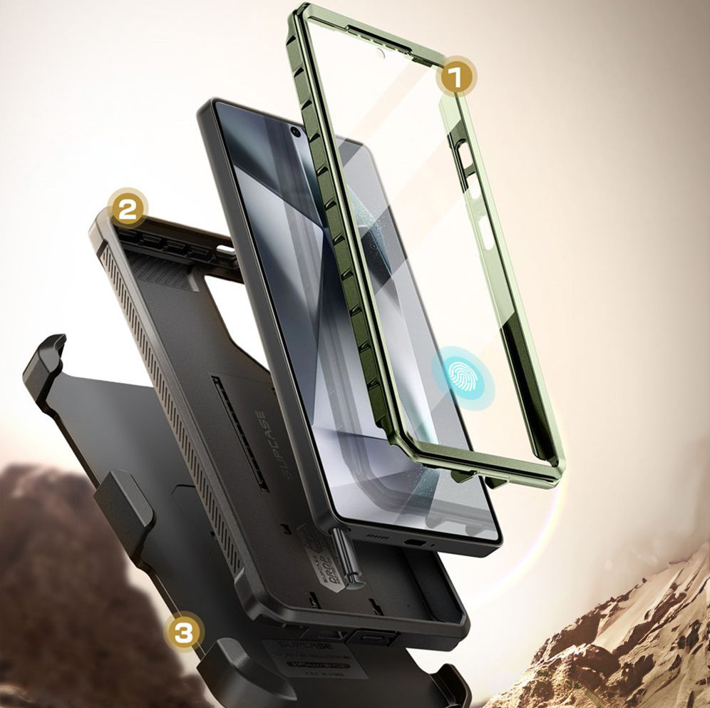 Etui pancerne z osłoną na ekran, z wbudowaną podstawką i kaburą z klipsem obrotowym Supcase Unicorn Beetle Pro do Galaxy S25 Ultra, zielone